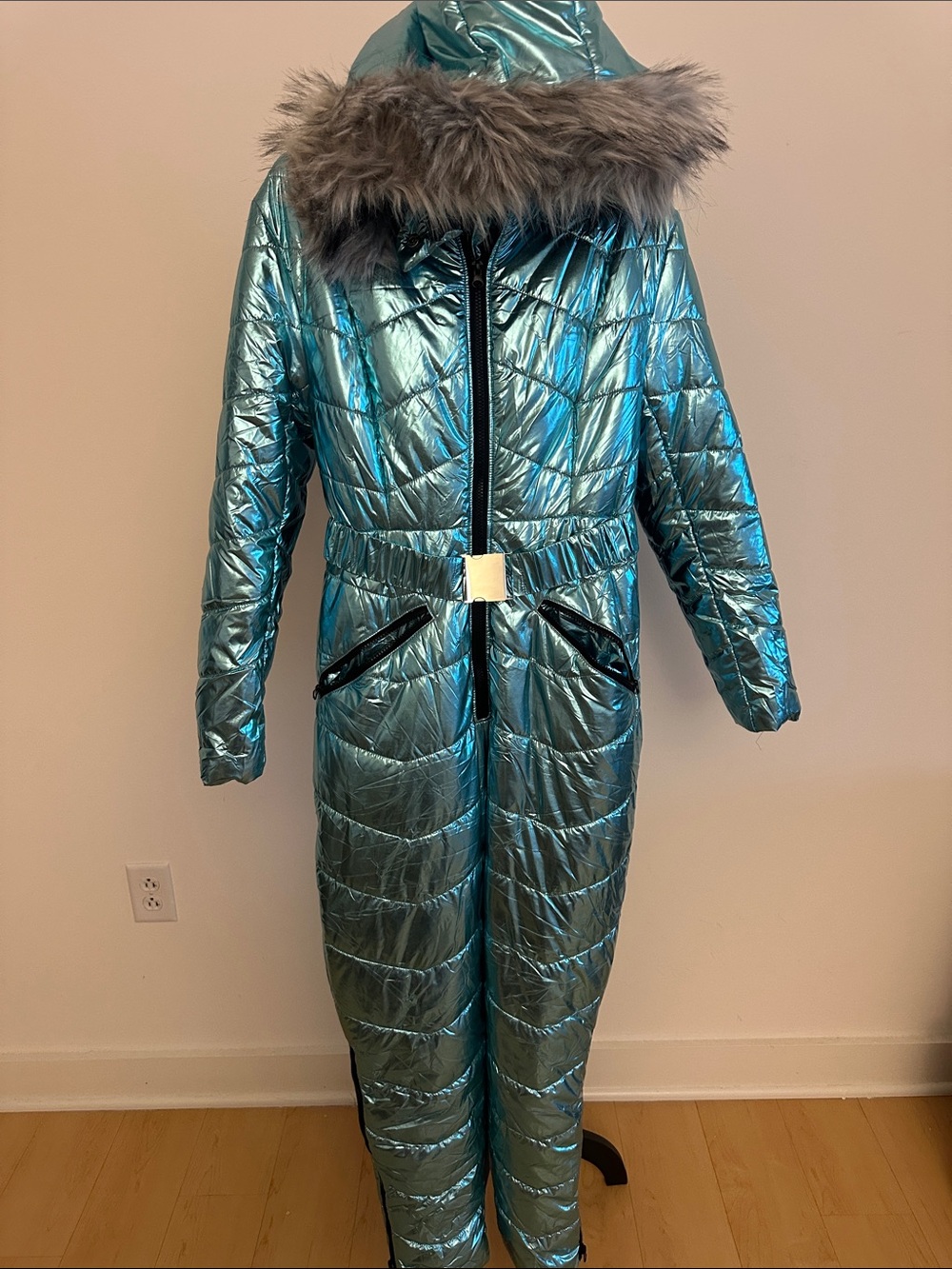 Metallic Teal Hooded Puffer snowsuit with Faux Fur Trim